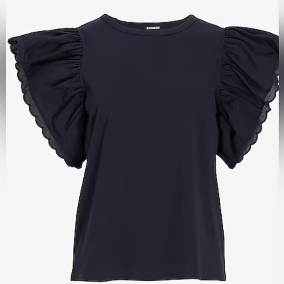 EXPRESS Ruffle Sleeve Crew Neck Tee size L Color black Pre-Owned - Picture 4 of 5